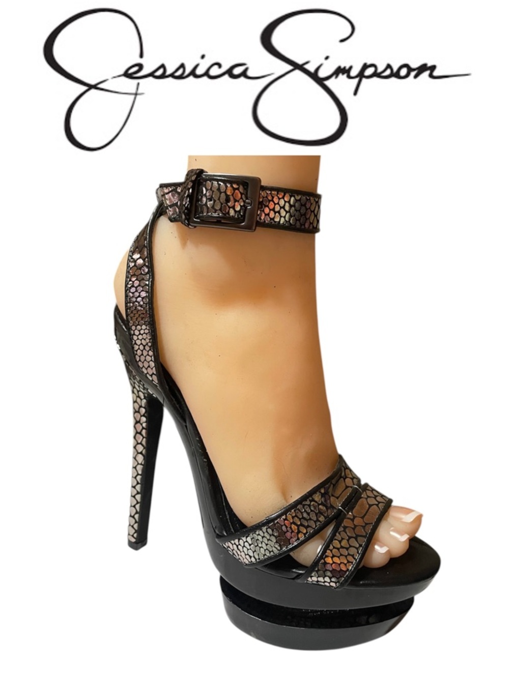 Jessica Simpson Iridescent Snake-Print Ankle Strap Platform Heel